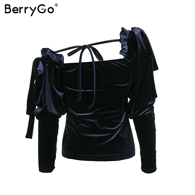 BerryGo/Сексуальная бархатная Женская блузка на одно плечо с длинными рукавами и