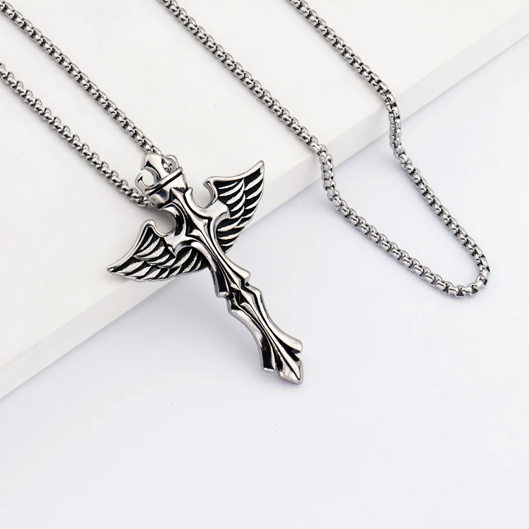 MCSAYS Punk Jewelry Crown Cross Wings Silver Stainless Steel Pendant Box Chain Necklace For Biker Men/Women Gift 3GM | Украшения и