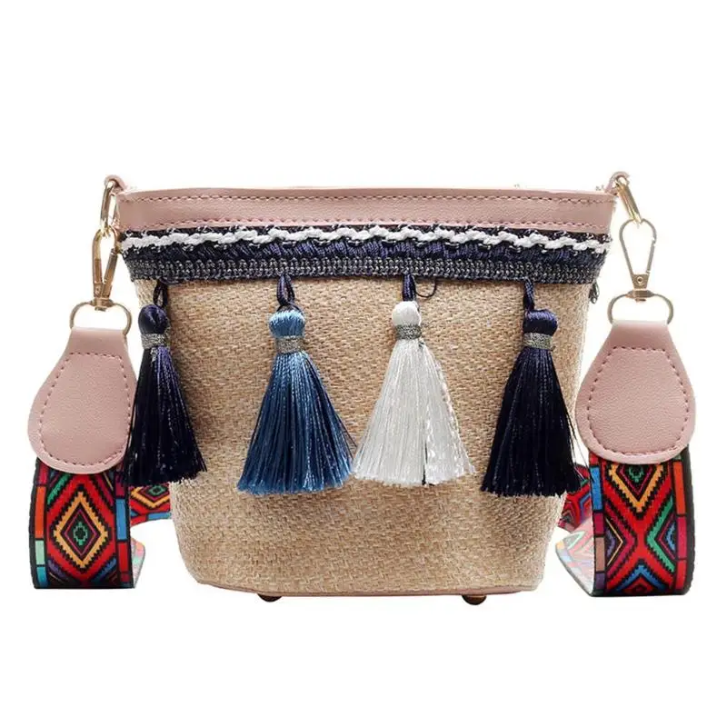 Простой Boho кисточкой Вязание для женщин плечо слинг телефон деньги сумочки повседневное соломенный небольшой ткачество Кроссбоди сумка
