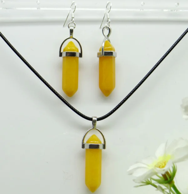 

Natural Stone Quartz Crystal Opal lapis Mix stone Hexagonal Column Pendant Leather Chains Necklace Earrings charm Jewelry 1set