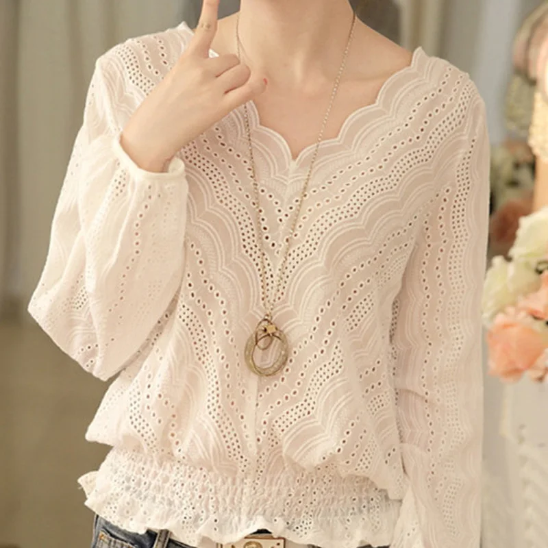 Blusas Femininas 2018 весна-осень женская мода blusas открытая кружевная блузка с длинным