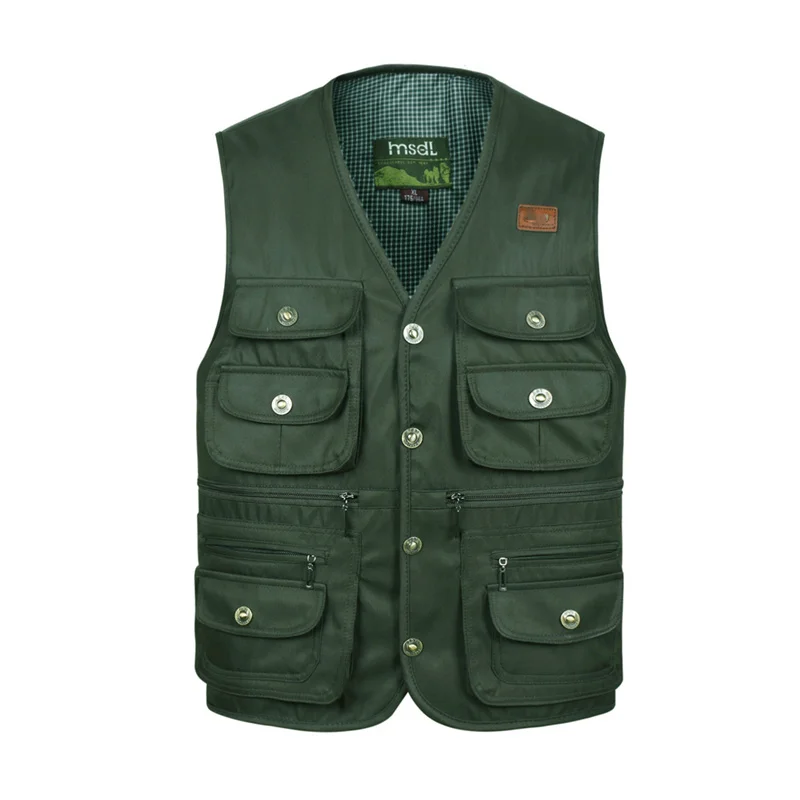 Light ArmyGreen Vest Летняя тонкая жилетка на пуговицах с множеством карманов для мужчин, Классическая Высококачественная верхняя одежда черного и зеленого цвета, куртка без рукавов для работы фотографа - Цвет: Light ArmyGreen Vest