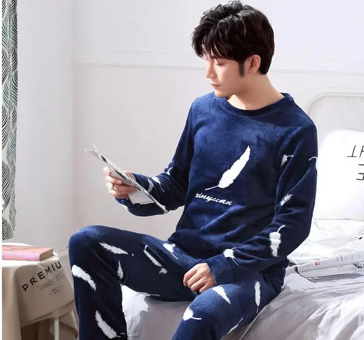 Fashion Brand Luxury Winter Pajamas Men Sleepwear Thick Warm Coral Fleece Mens Pajama Set Male Nightwear Leisure Home Clothing