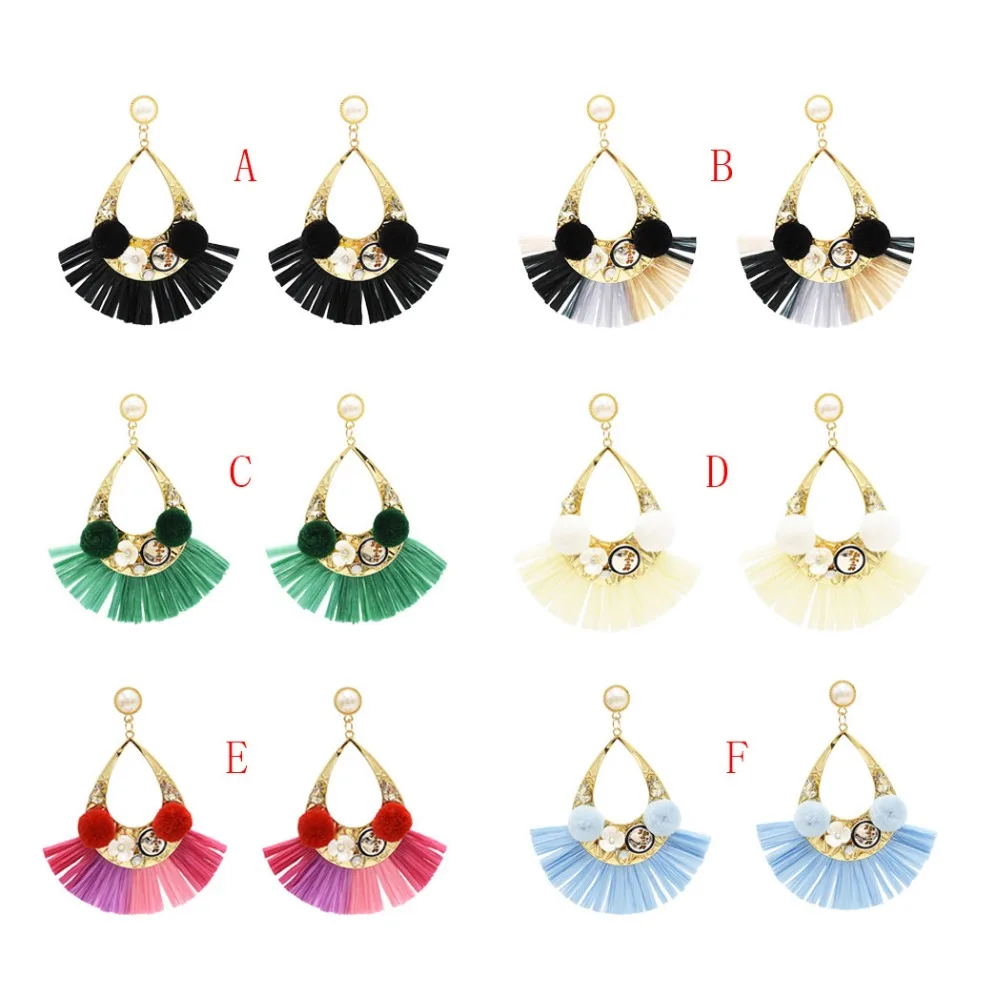 6 Colors Cute Flower Shape Pom Ball Raffia Drop Earrings Unique Plastic Tassel Dangle Women Party Fashion Jewelry | Украшения и