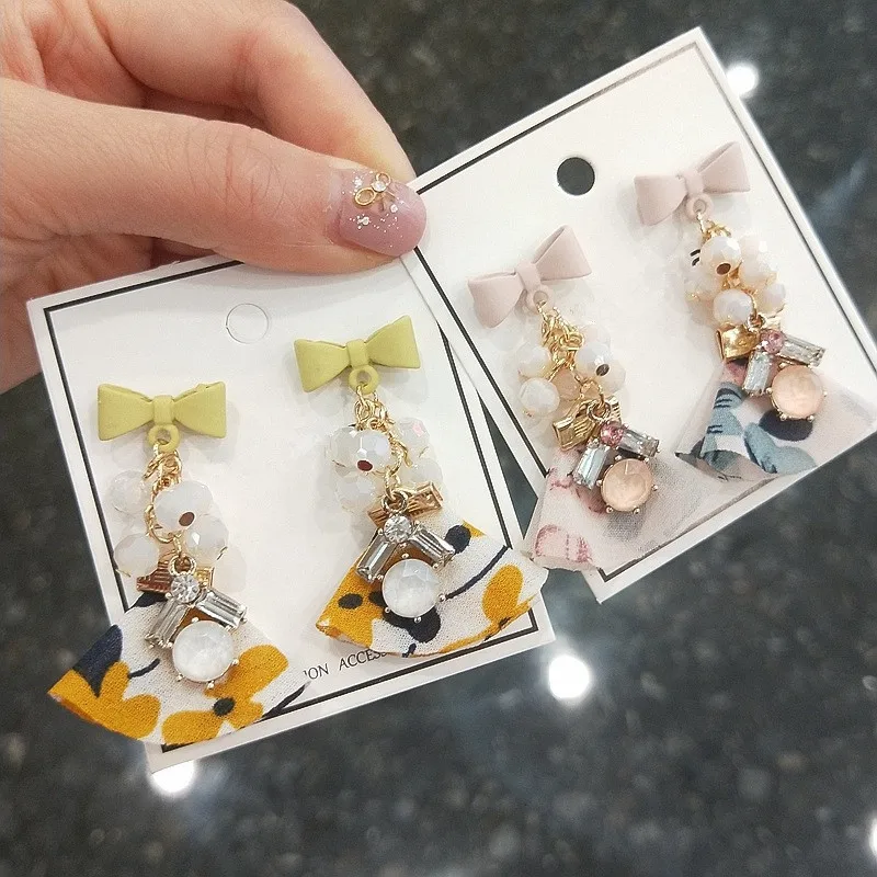 Корейские тканевые кружевные милые серьги с бантом женские Милые шифоновые