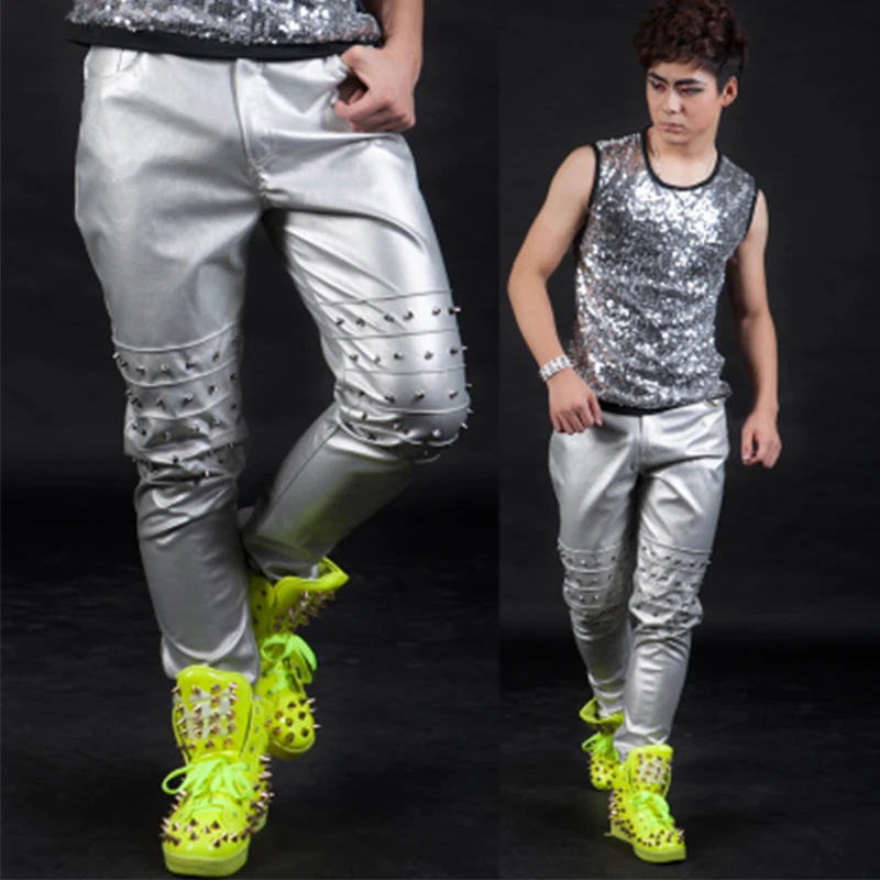 Костюмы для сцены певца 2019 нового года для мужчин, брюки с панк-риветами, мужская ночная клубная одежда для выступлений Ди-Джеев и Хип-Хоп танцевальных номеров, комплекты DNV11057.