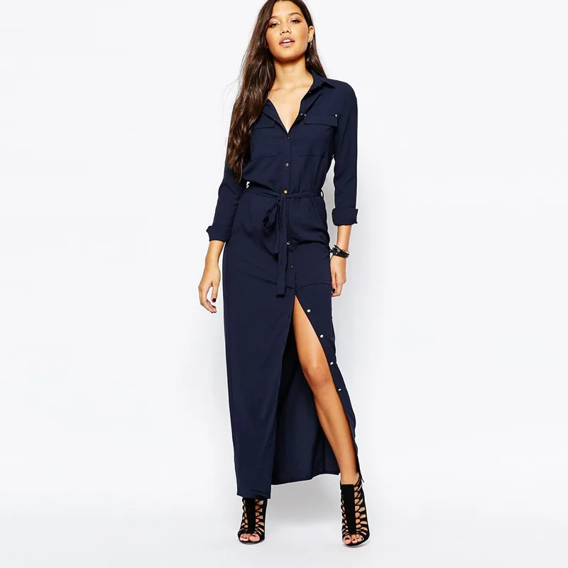 Внешняя торговля EBAY отворотом Однорядный металлической пряжкой карман Платье с