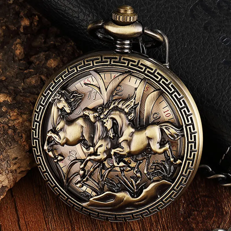 Carved Horse Pattern Mechanical Pocket Watch Vintage Hollow Bronze Fob Hand Watch Necklace with Chain for Men Women Steampunk