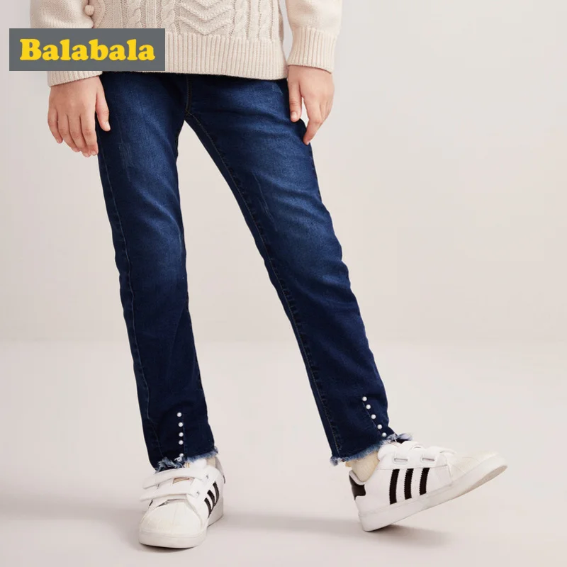 Balabala Girls Fleece-Lined Pull-on Jeans with Raw-edge Hem Slim Fit Cotton in Washed Denim Bead Ribbing at Waist | Детская одежда и