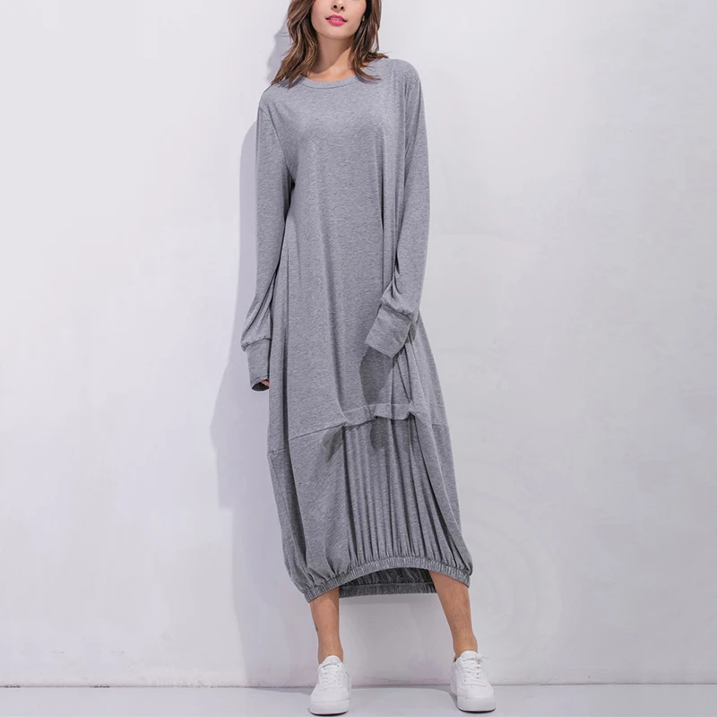 Light Grey Длинные платья макси размера плюс, женское винтажное однотонное облегающее платье с круглым вырезом, хлопковые повседневные свободные асимметричные платья с подолом Vestidos - Цвет: Light Grey