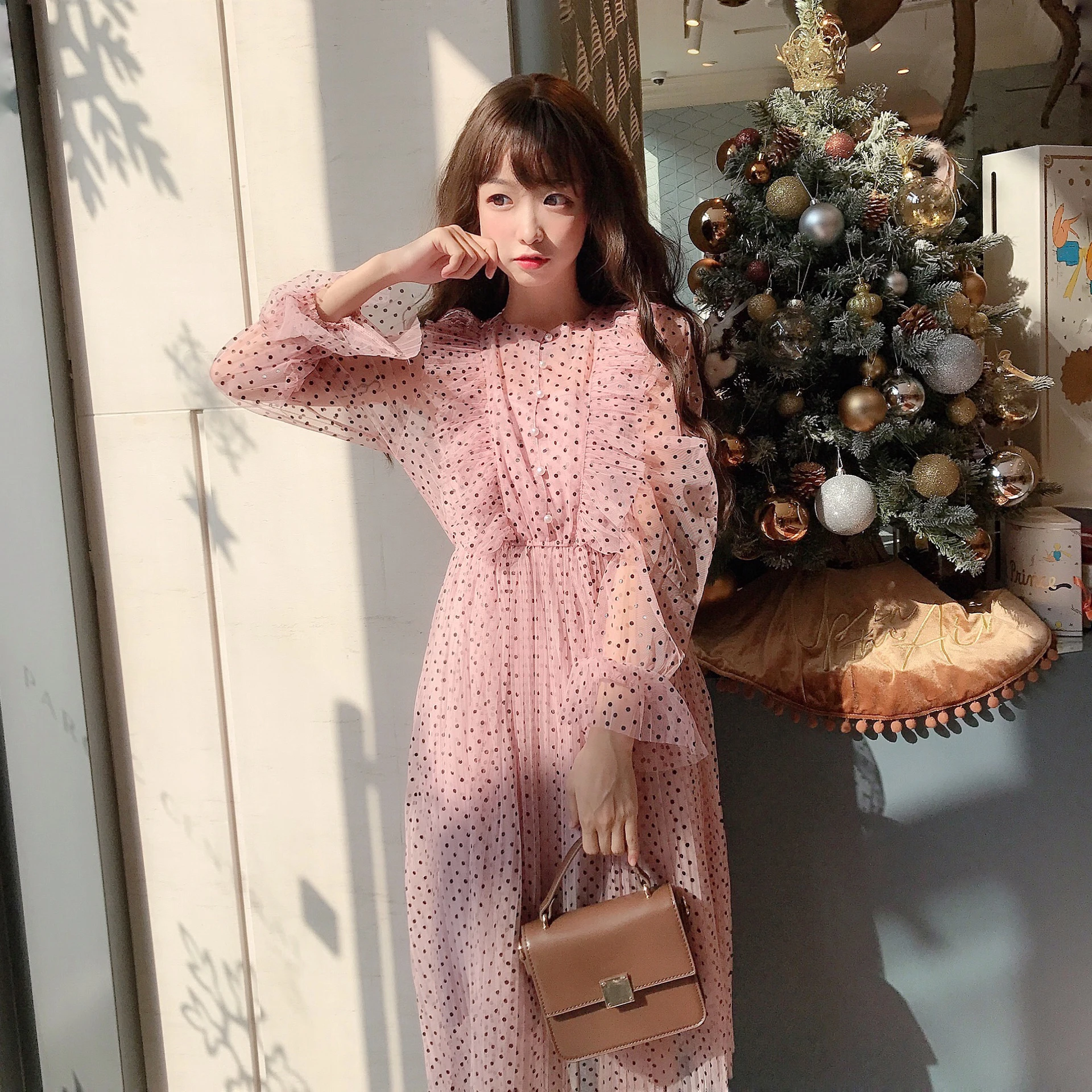 2019 Новое модное женское платье с круглым вырезом и оборками милое в горошек