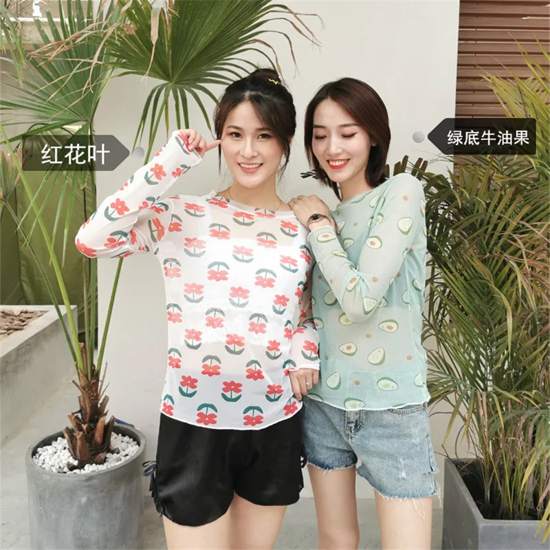 

spring Summer Women Floral Print Mesh Sunscreen Blouses Shirt Women tops Sexy Lace Blouses See-through Long Sleeve Shirt Blouse