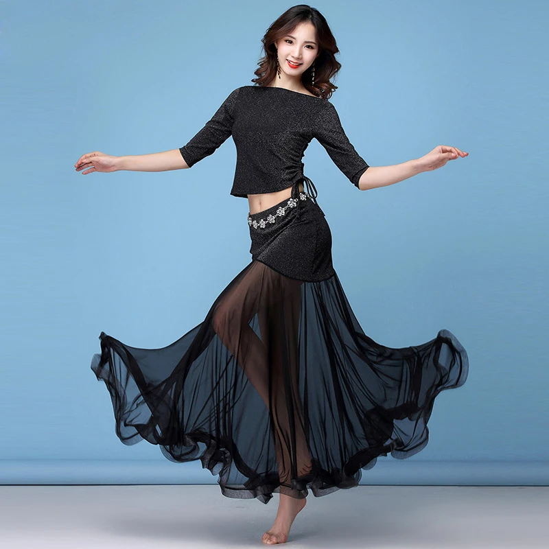 New Fashion Women Belly Dance Clothing Stretchy Shinny Fabric Off Shoulder Ruffles Maxi Long Skirts Bellydance Costume Set 2pcs