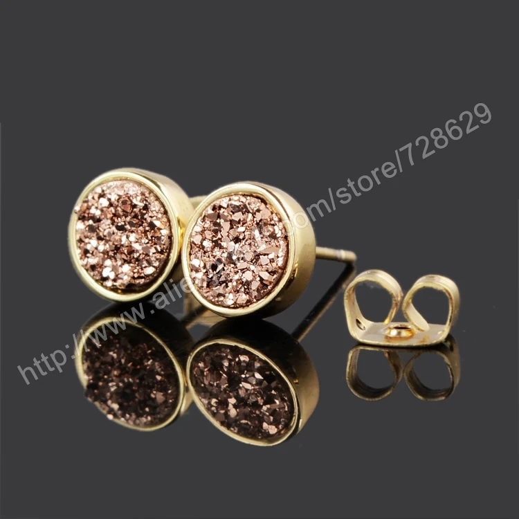 8 мм круглый природных агат титана Druzy серьги золотая роза золотой Geode шпильки Drusy