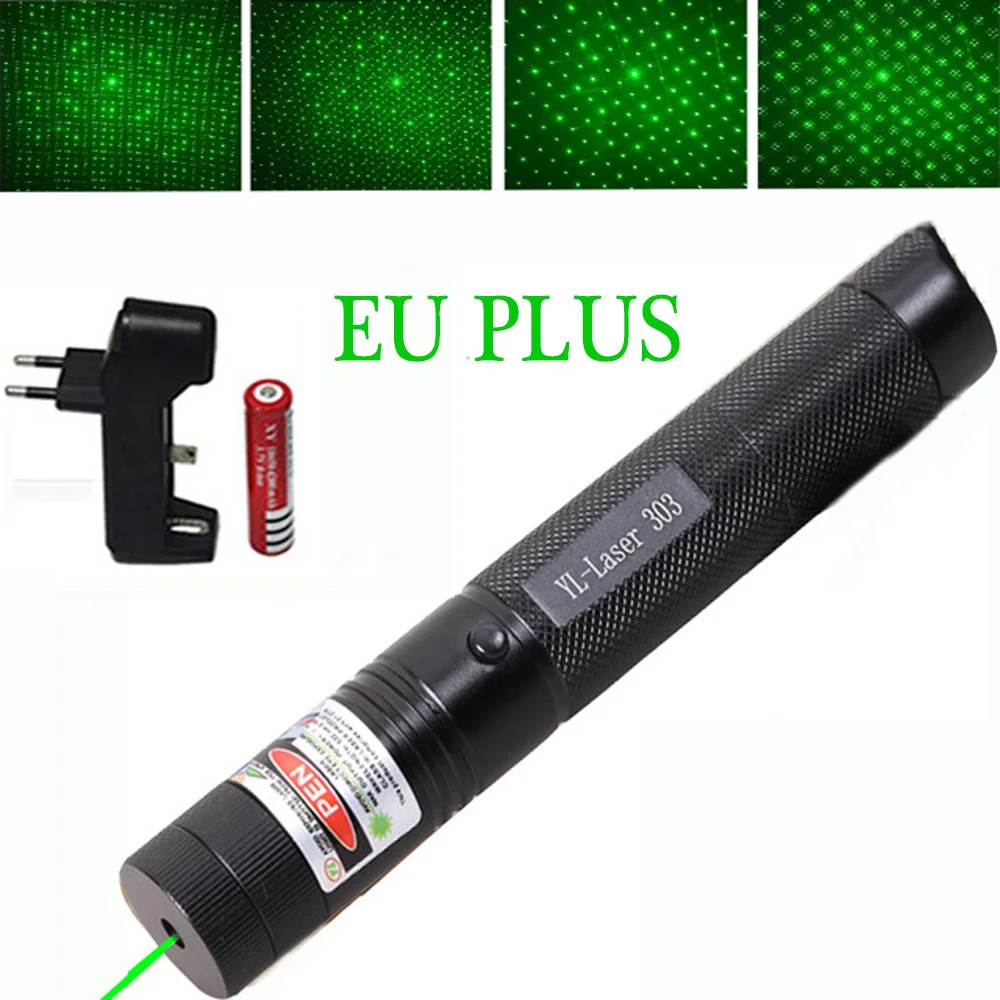 Green laser EU Зеленая лазерная указка мощная красная лазерная синяя указка смотровое устройство Регулируемый фокус Lazer 303, выберите зарядное устройство и 18650 аккумулятор - Цвет: Green laser EU
