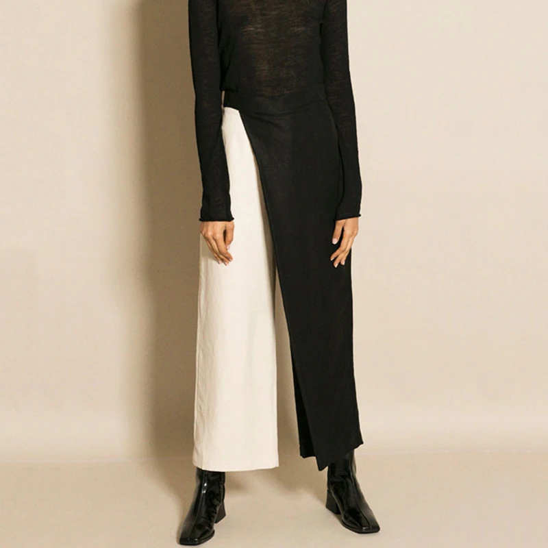 TWOTWINSTYLE Лоскутные широкие брюки для женщин Высокая талия на молнии большой размер