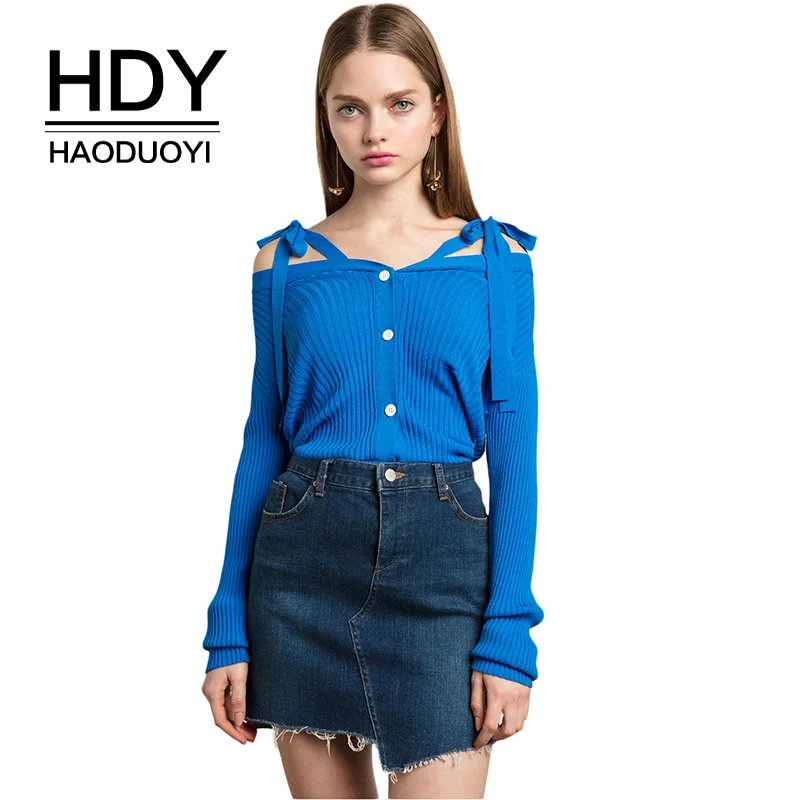HDY Haoduoyi сплошной синий сладкий Для женщин Свитеры для с открытыми плечами