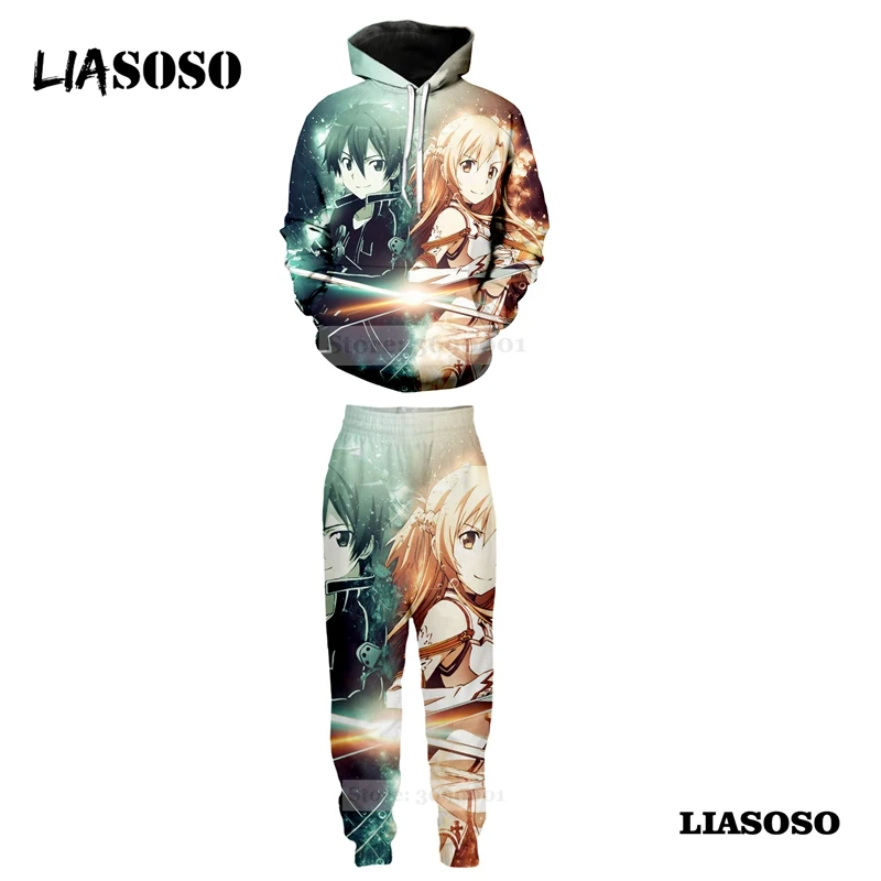 LIASOSO Harajuku/толстовка с капюшоном; комплект с толстовкой; брюки с 3D принтом; унисекс; аниме; меч; искусство онлайн; для любителей бега; спортивные штаны; A674