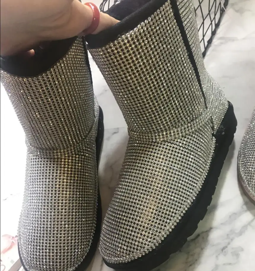 

newest pink women flat boots bling bling beading mid calf boots fashion round toe platform fur Inside leisure warm boots
