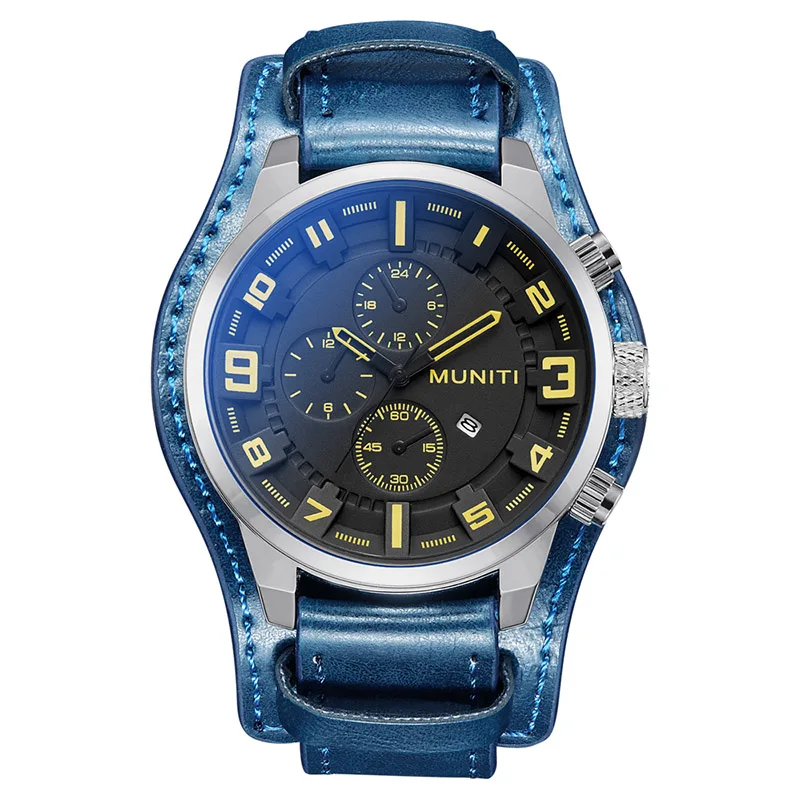 Blue-Yellow Роскошные мужские часы, брендовые модные спортивные часы, мужские водонепроницаемые кварцевые часы с датой, мужские кожаные армейские военные наручные часы - Цвет: Blue-Yellow