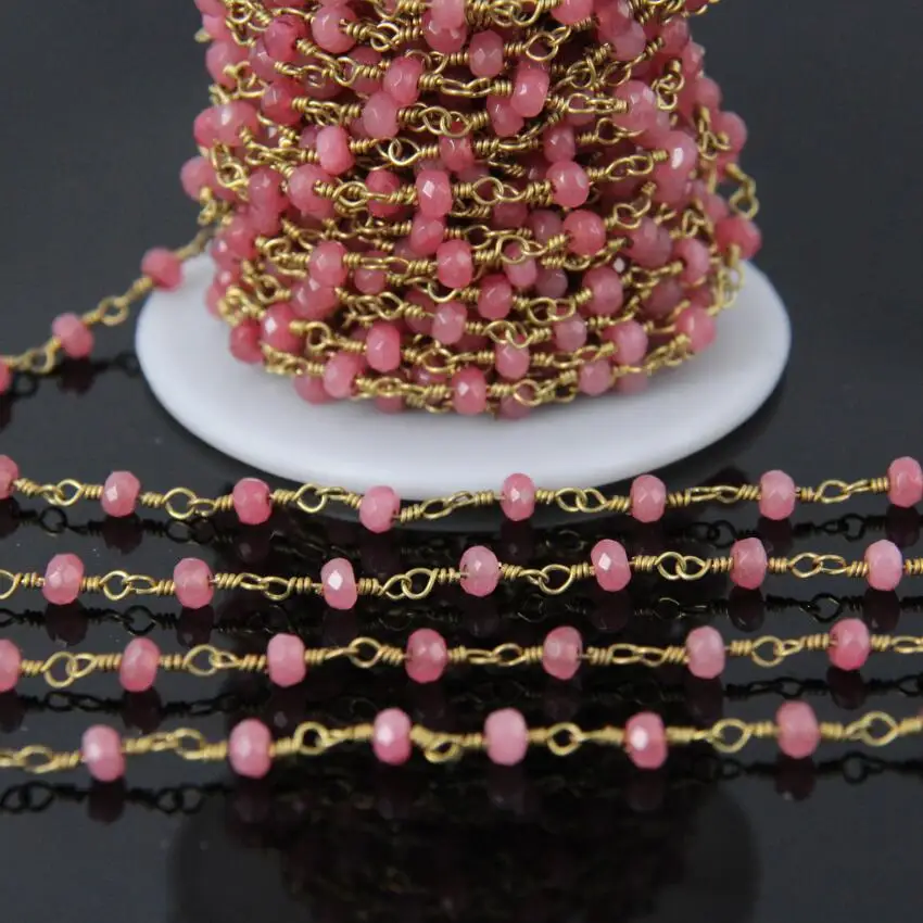 

5Meters,3x4mm Rose Pink Malaysia Jades Faceted Rondelle bead Copper Chain,Brass Wire Wrapped Rosary Chains Necklace