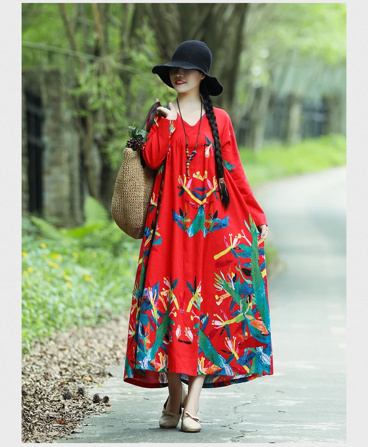 Plus Size Women Vintage Dress Summer Autumn Sundress Cotton Linen Vestidos Lady Long Dresses Print Floral Loose Casual Dress