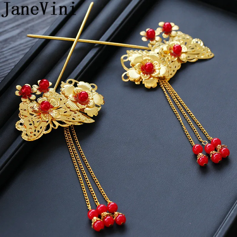 Заколка для волос JaneVini в традиционном китайском стиле пара из красного золота с