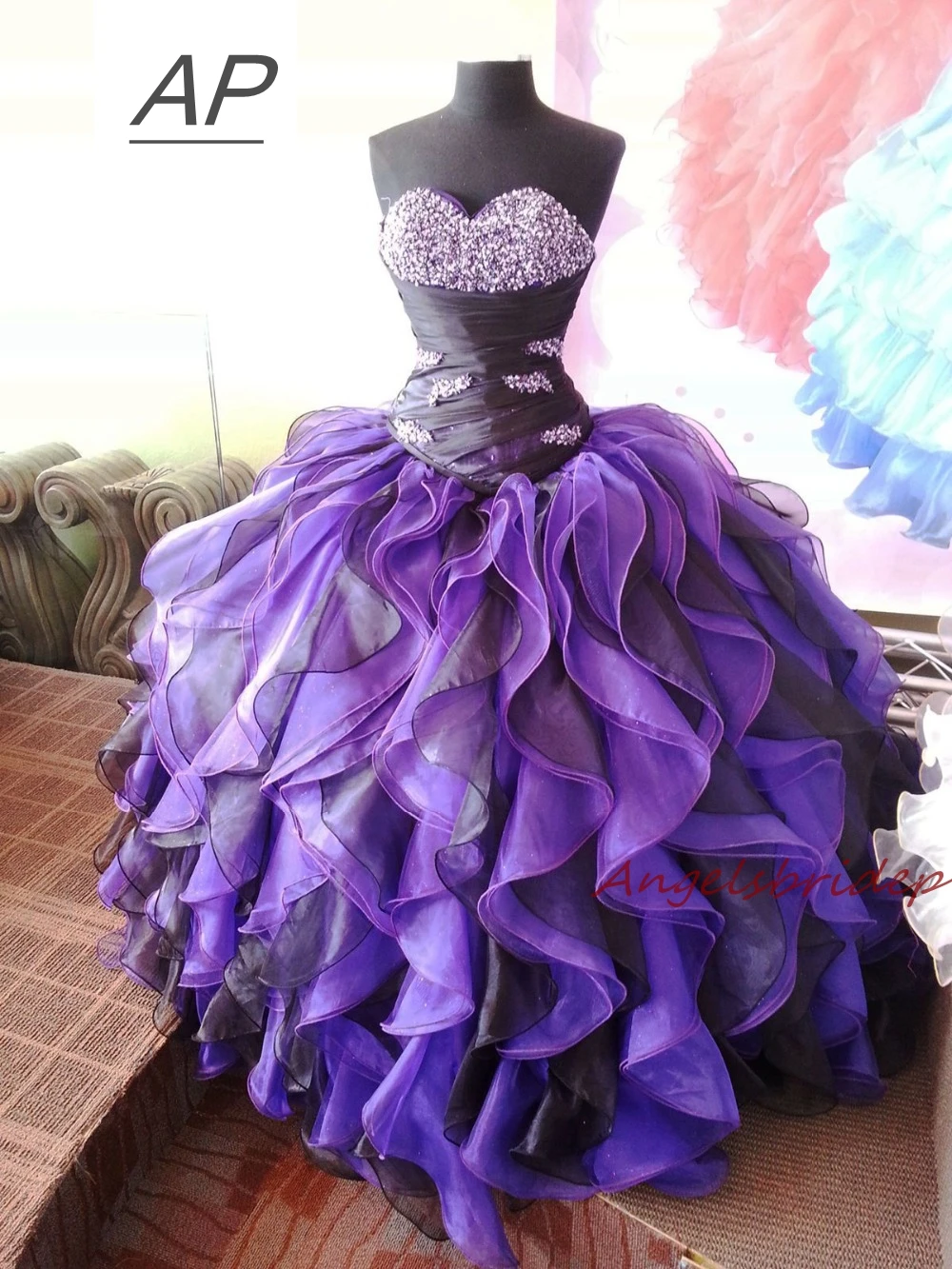ANGELSBRIDEP милое фиолетовое Пышное Платье Vestido 15 Anos органза Длина до пола бальное платье формальное Пышное вечернее платье