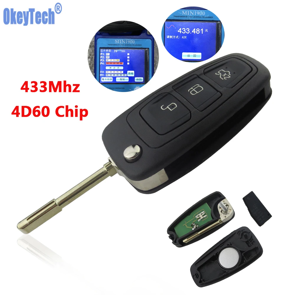 OkeyTech для Ford Focus Mk1 Mondeo Transit Connect 3 кнопки 433 МГц откидной дистанционный ключ с чипом
