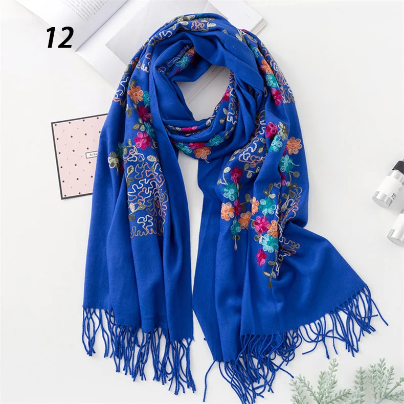 12 Diamond Blue Новинка, Sparsil, стильный Для женщин зимние кашемировые шарфы теплый с кисточкой, с цветами и вышивкой шаль для отдыха пашмины 70x200 длинный шарф хиджаб - Цвет: 12 Diamond Blue