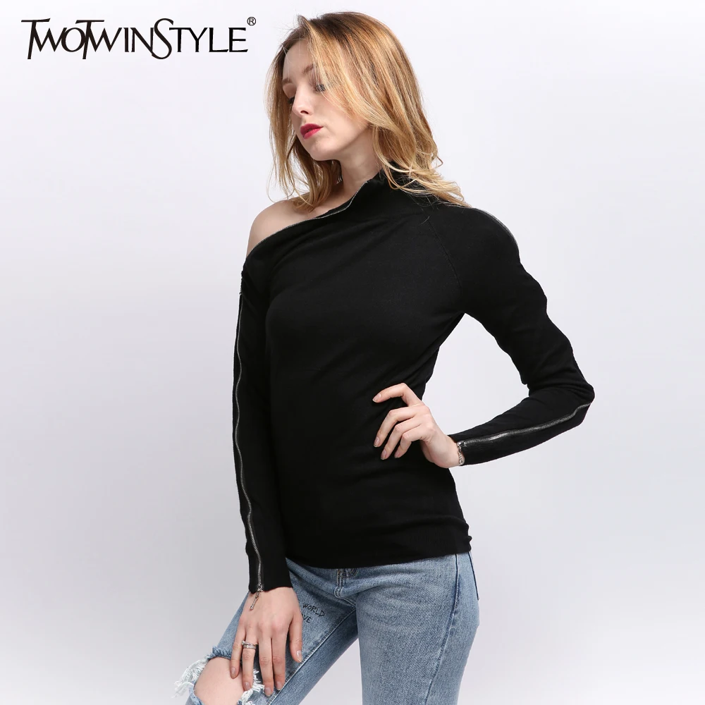 TWOTWINSTYLE 2019 вязанные пуловеры с открытыми плечами свитер для женщин водолазка