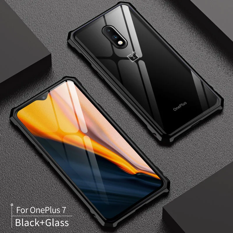 Для Oneplus 7 Pro Бампер Oneplus7 чехол алюминиевая металлическая рамка 1+ 7 с прозрачным закаленным стеклом задняя крышка для Oneplus 7 Pro Чехол - Цвет: oneplus7 black