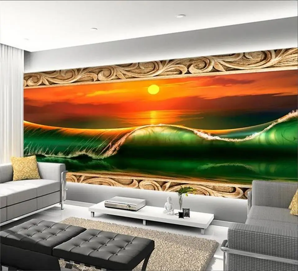 

Пользовательские росписи фото 3d обои Гостиная волны закат пейзаж 3d лес фото ТВ фон нетканые обои для стен 3d
