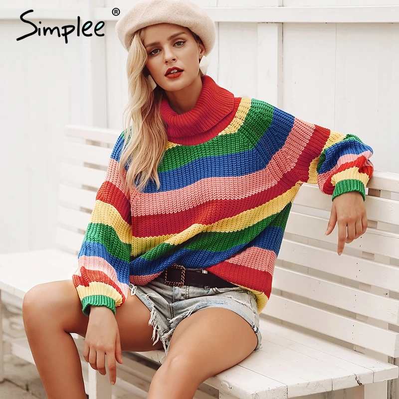 Simplee Rainbow turtleneck casual sweaters women winter 2018 jumpers knitted fashion striped oversized pullover female jumper | Женская