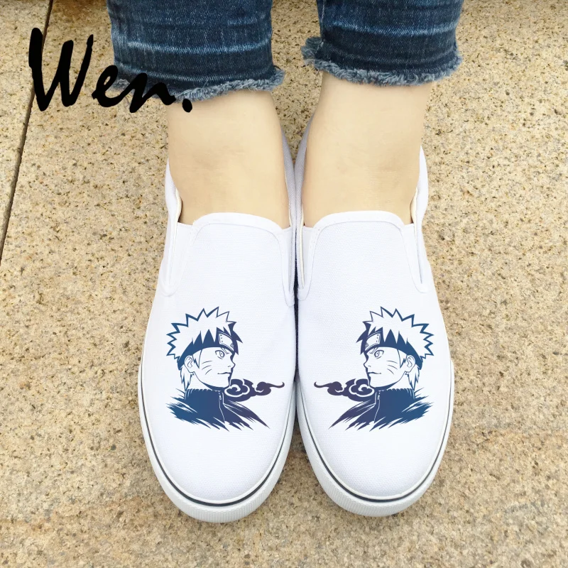 Wen Low Top Casual Shoes Slip on Men Espadrilles Flat Custom Design Anime Uzumaki Naruto Black Canvas Sneakers Platform