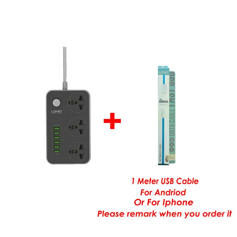 W USB Cable LDNIO, AC удлинитель, универсальная розетка с вилкой EU, UK, US, 6 usb-розеток, адаптер для путешествий, зарядное устройство для смартфона, офиса - Цвет: W USB Cable