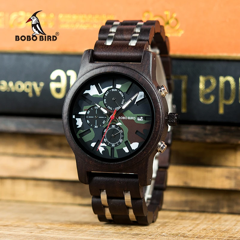 BOBO BIRD мужские деревянные часы роскошные стильные erkek kol saati Week дисплей наручные часы военный хронограф с подарочной коробкой V-R17