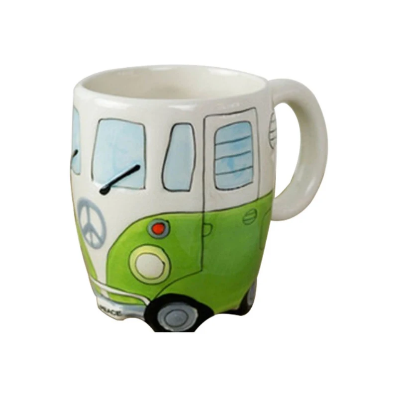 Green Camper Van кружка ручная роспись Керамическая мультфильм автобус чашки Творческий Rretro автомобильные кружки воды чашки для молока кофе подарок на праздник - Цвет: Green
