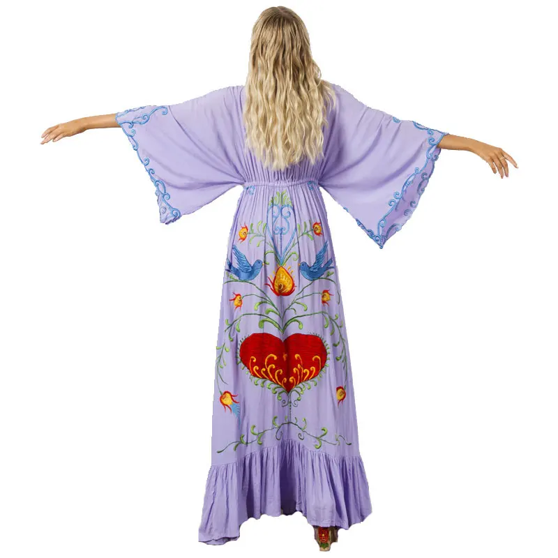 

2021 Embroidered Women Maxi Dress V-Neck Batwing Sleeve Loose Plus Size Summer Chic Dresses Drawstring Waist Boho Beach Vestidos