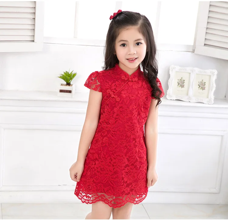 

New Arrivals 2022 Chinese Dress Girl Summer Red Pink Lace Princess Girls Dress Cheongsam Kids Qipao Children Girl Clothes 90-140
