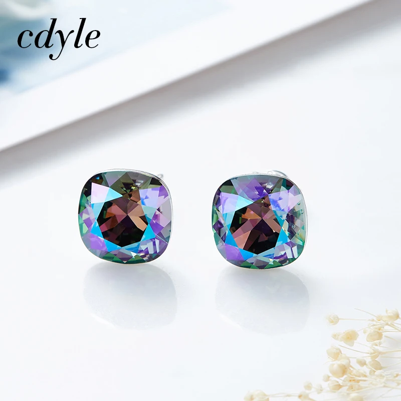 Cdyle 925 пробы Серебряные Серьги Квадратные украшенные кристаллами серьги для женщин подарок крошечные простые ювелирные изделия