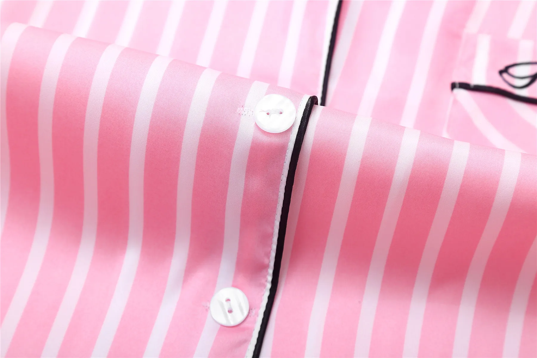 Pink Women's 7 Pieces Pajamas Sets Emulation Silk Striped Pajamas Women Homewear