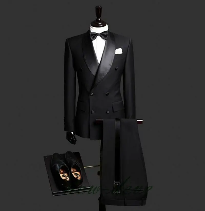 

Fit Slim Black Lapel 3Pcs Tuxedos Groom Men's Suits Formal Party Suit Custom