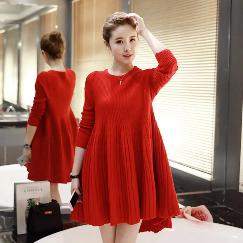 Одежда для беременных осенне зимнее однотонное Плиссированное вязаное платье с