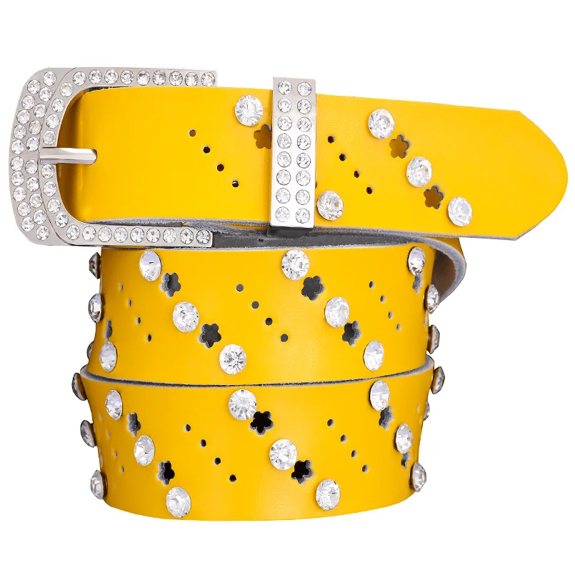Yellow Полые ремни из натуральной кожи для женщин, модные стразы, женский ремень для джинсов, Качественный ремень из коровьей кожи для женщин, Ширина ремня 3,3 см - Цвет: Yellow