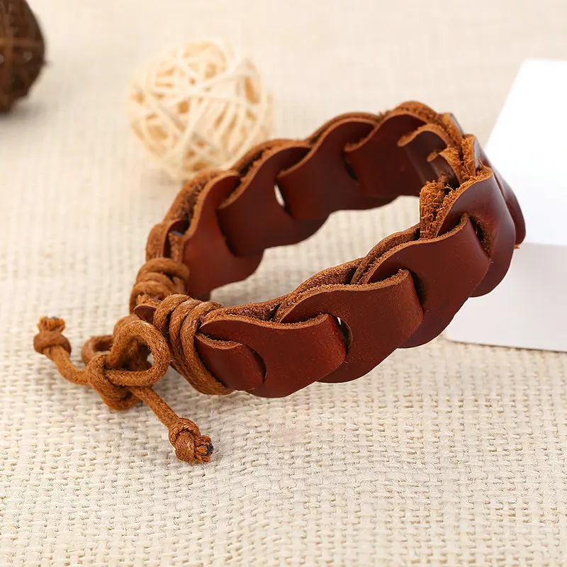 Панк коричневый черный кожаный браслет для мужчин Веревка Сеть Wrap Браслеты