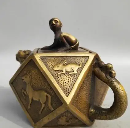 

Collection Chinese Archaize Pure Brass Twelve Zodiac Animal Monkey Sheep Dragon Tiger Teapot Craft Animal Statue Water Pot