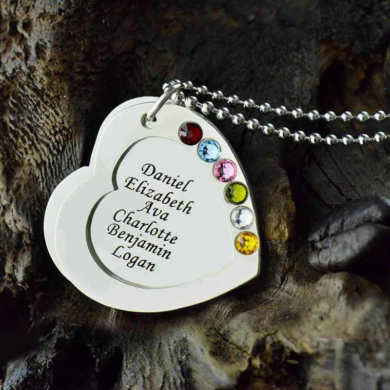 Amxiu Custom 1-6 Names 925 Sterling Silver Necklace Heart Pendant with Birthstones Jewelry for Family Team Souvenirs | Украшения и