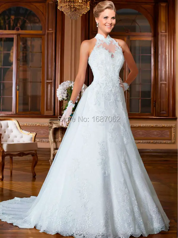 Высокая шея кружева бальное платье свадебные платья кнопки рукавов суд поезд с