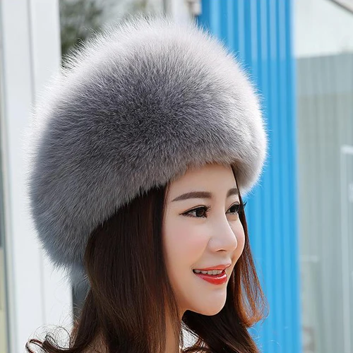 light grey Женская зимняя шапка из натурального Лисьего меха, натуральный мех лисы шапка, качественная русская теплая шапка из меха лисы, шапки-бомберы из натурального Лисьего меха - Цвет: light grey